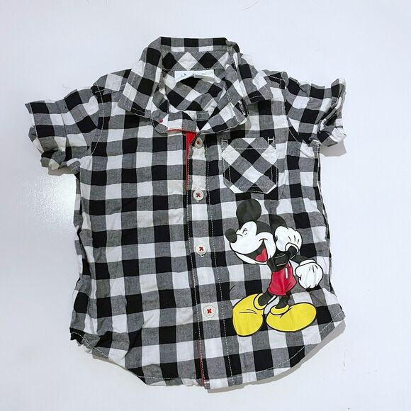 Disney Other - Disney Baby Mickey Mouse Black & White Plaid Button Up SS Shirt Sz 9M Cotton